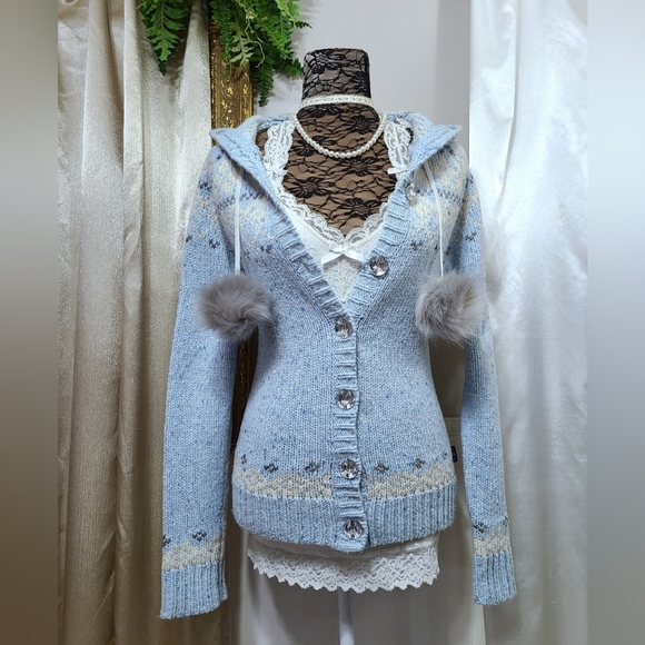 ♡ Y2K ♡ Hollister Baby Blue Wool Blingy Button Babydoll...